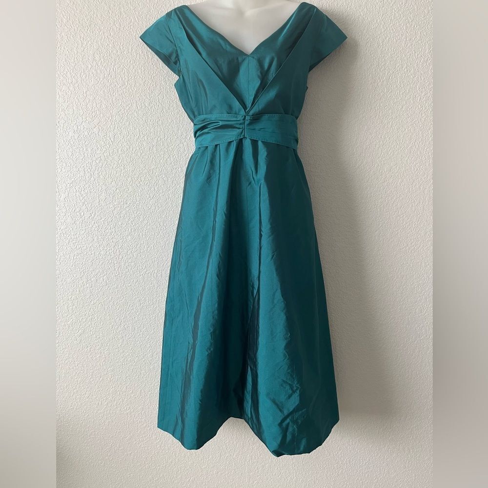 Max Mara Teal Silk Taffeta Cocktail Dress Portrait Collar Cap Sleeve 10 Italy